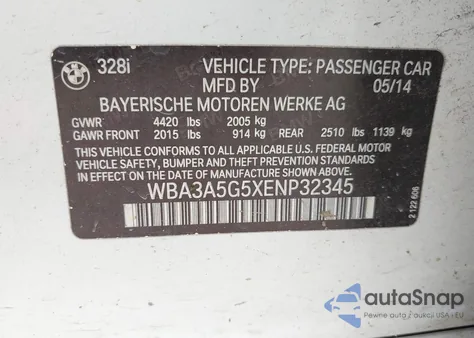 2014 BMW 328I из США, поврежденный, VIN WBA3A5G5XENP32345